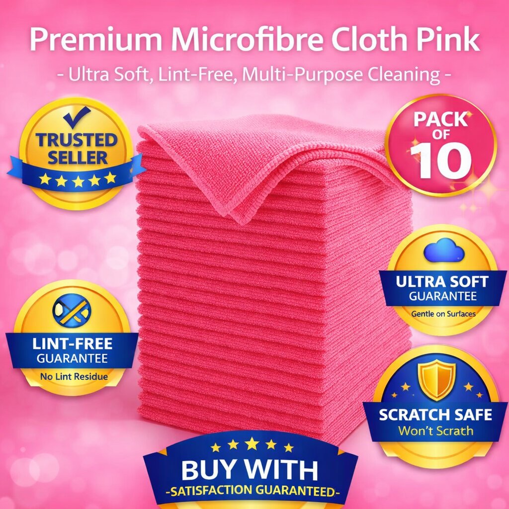 Premium Microfibre Cloth Pink – Ultra Soft Lint-Free Car Detailing Cleaning Cloth (Pack of 10) image 1