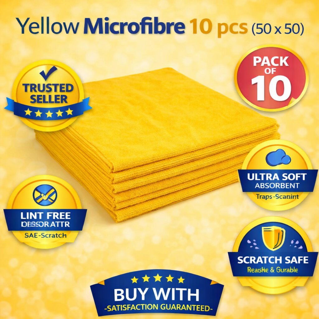 Yellow Microfibre Cloth 10 Pack (50×50 cm) – Car Detailing Cleaning & Polishing Towels image 1