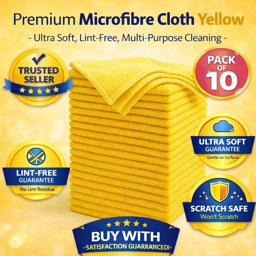 Premium Microfibre Cloth Yellow – Ultra Soft Lint-Free Car Detailing Cleaning Cloth (Pack of 10) image 1